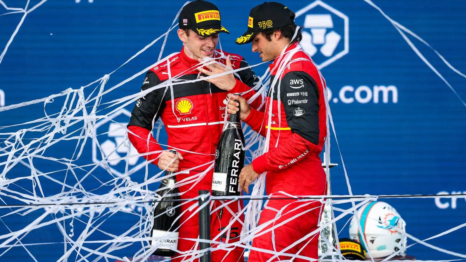 Ferrari drivers Charles Leclerc and Carlos Sainz on the Miami podium. United States, May 2022.