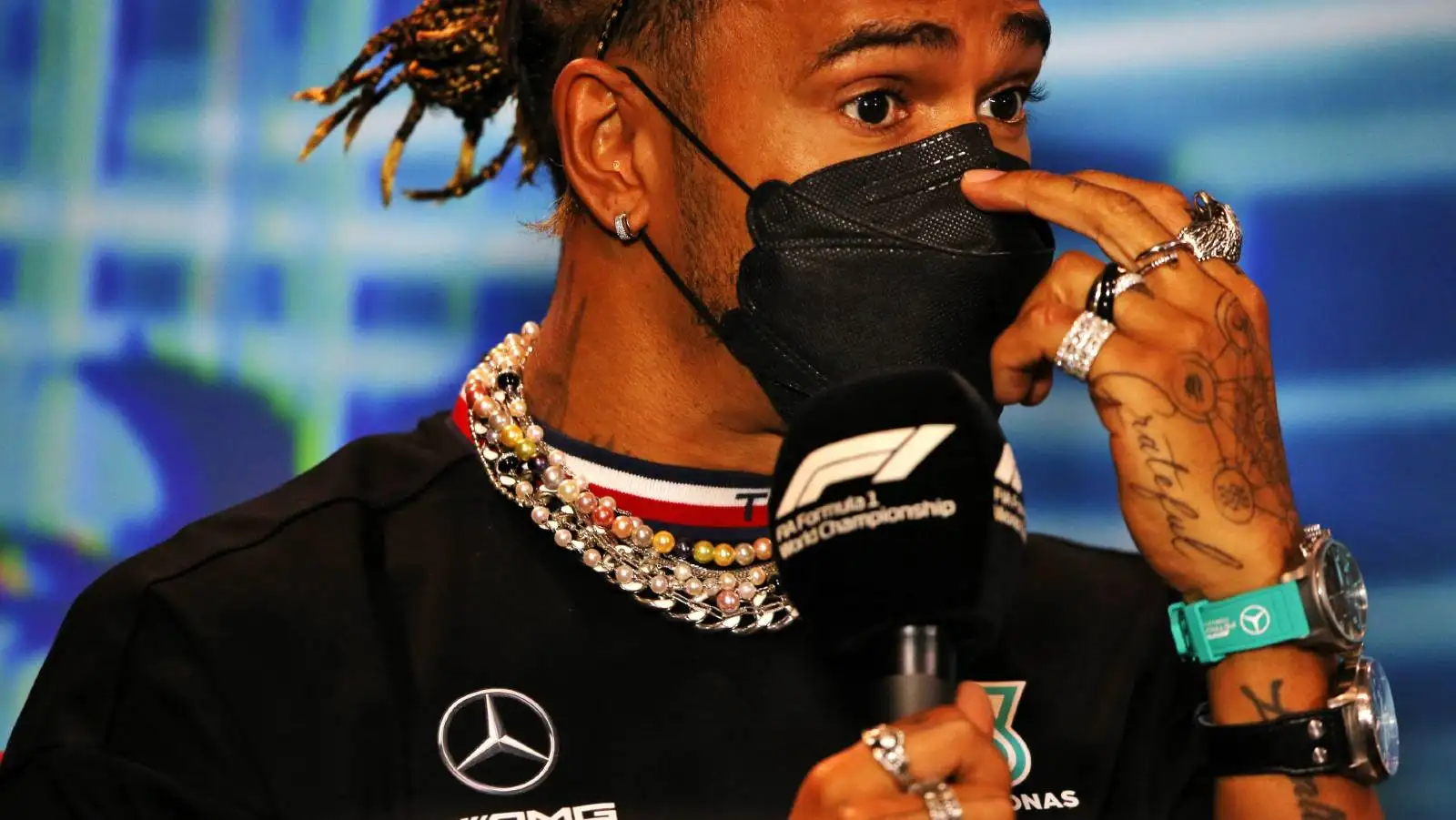 Lewis Hamilton with lots of jewellery on display. Miami May 2022.