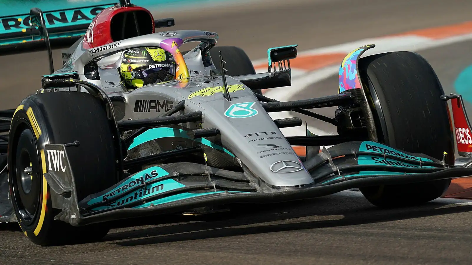 Lewis Hamilton running the Miami upgraded front wing on the Mercedes W13. Miami May 2022