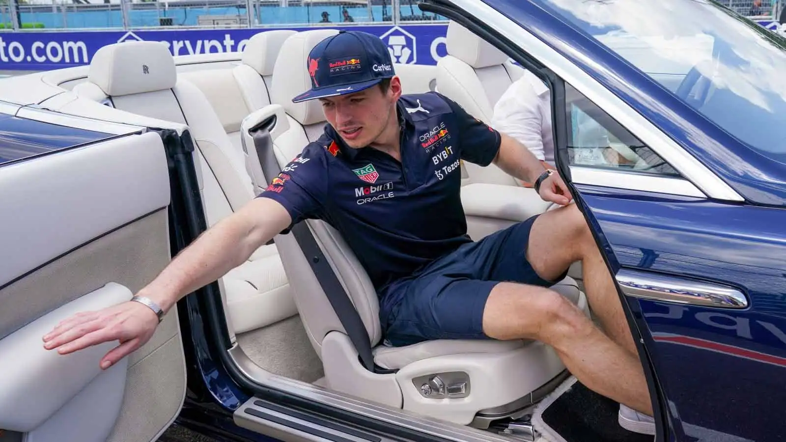 Max Verstappen exits his car. Miami May 2022.