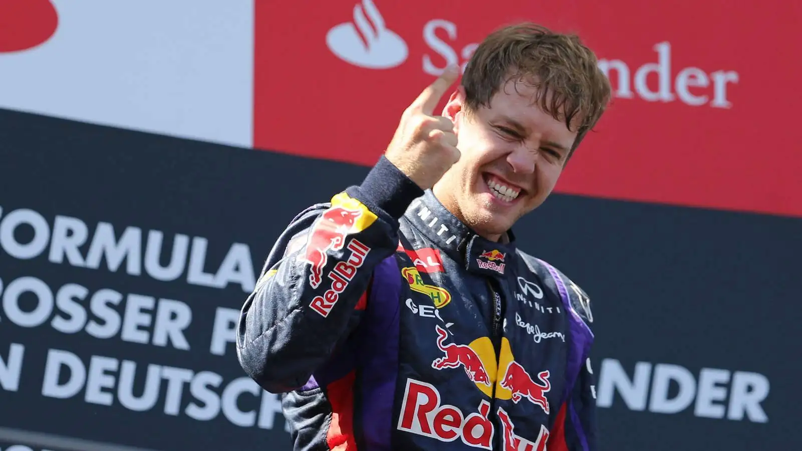 Sebastian Vettel celebrates victory in the German GP. Nurburgring July 2013.