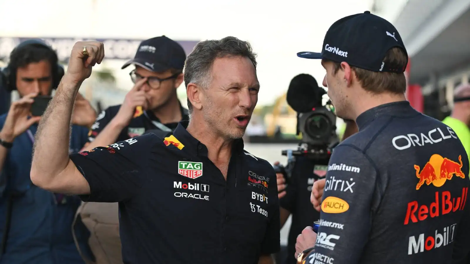 Christian Horner and Max Verstappen celebrate a Red Bull win. Miami May 2022.