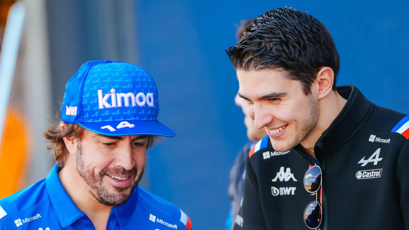 Esteban Ocon and Fernando Alonso share a joke as teammates for Alpine. Imola, April 2022