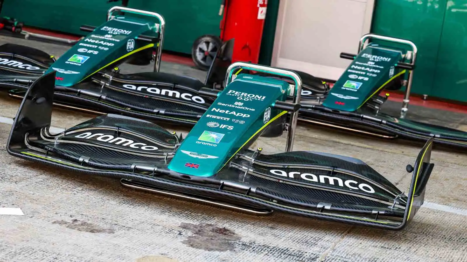 Aston Martin front wings stacked. Barcelona May 2022.