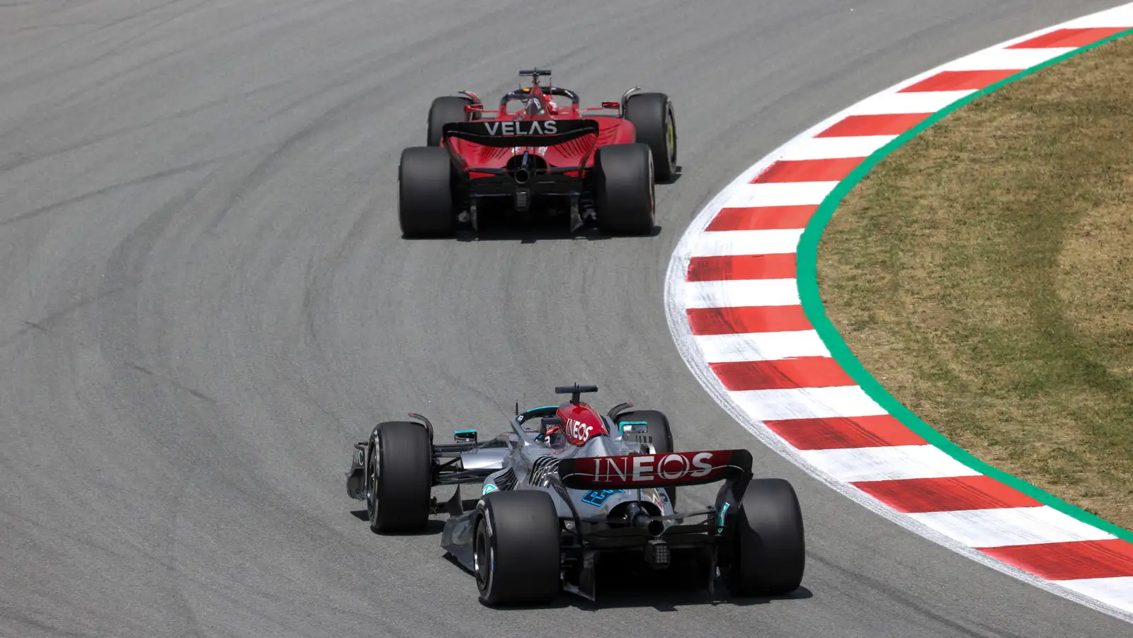 George Russell chases Charles Leclerc. Spanish GP Barcelona May 2022