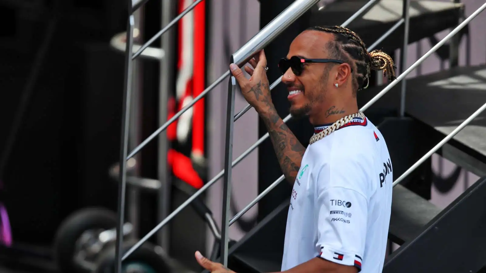 Lewis Hamilton gives a thumbs-up. Barcelona May 2022.