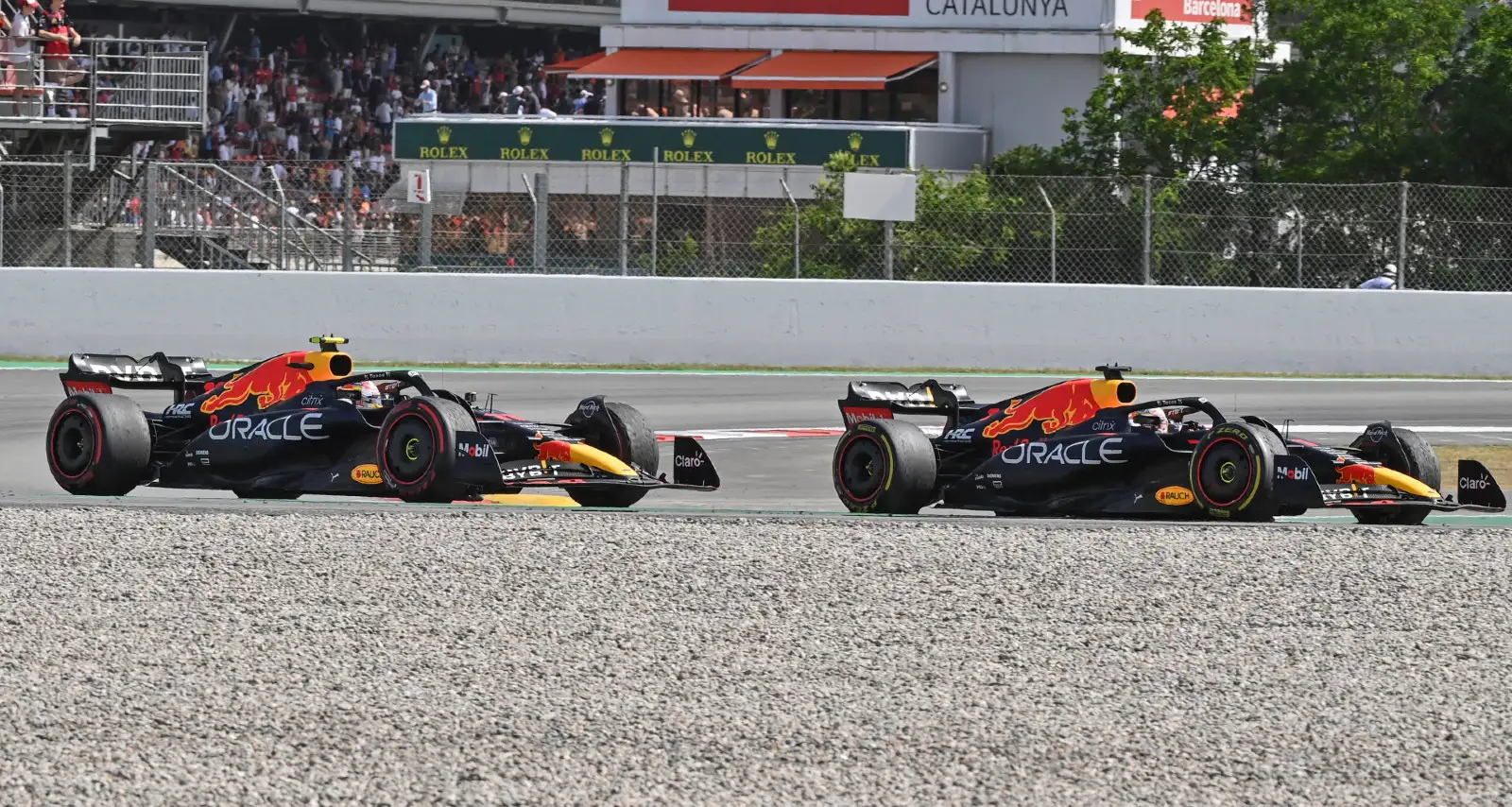 Max Verstappen and Sergio Perez follow each other. Spain May 2022.