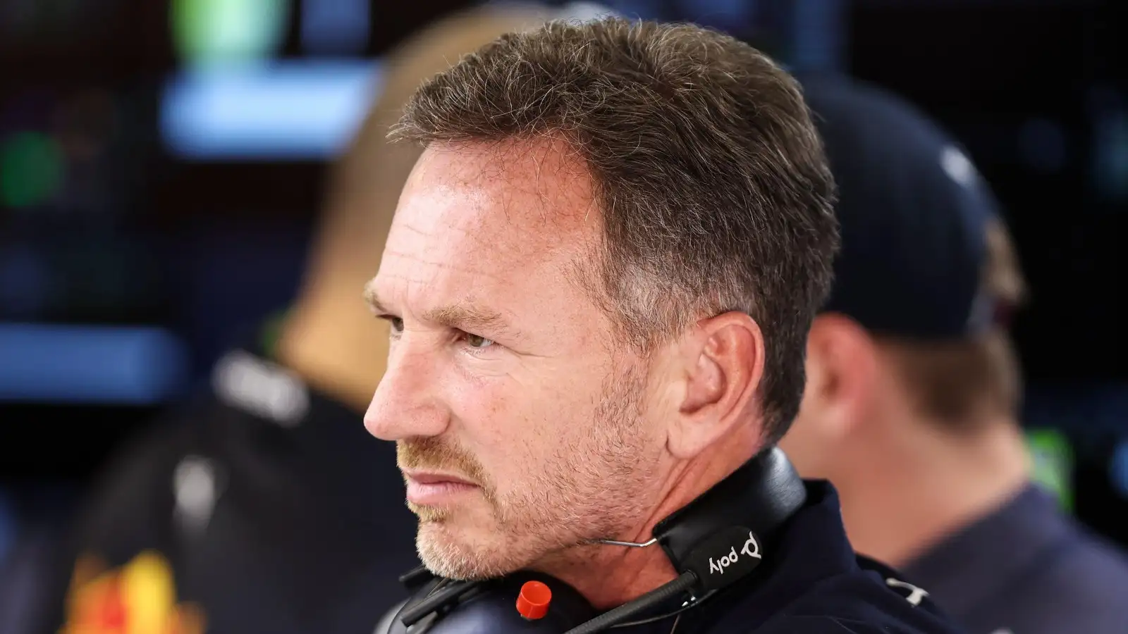 Christian Horner watches on from the garage. Barcelona, May 2022.