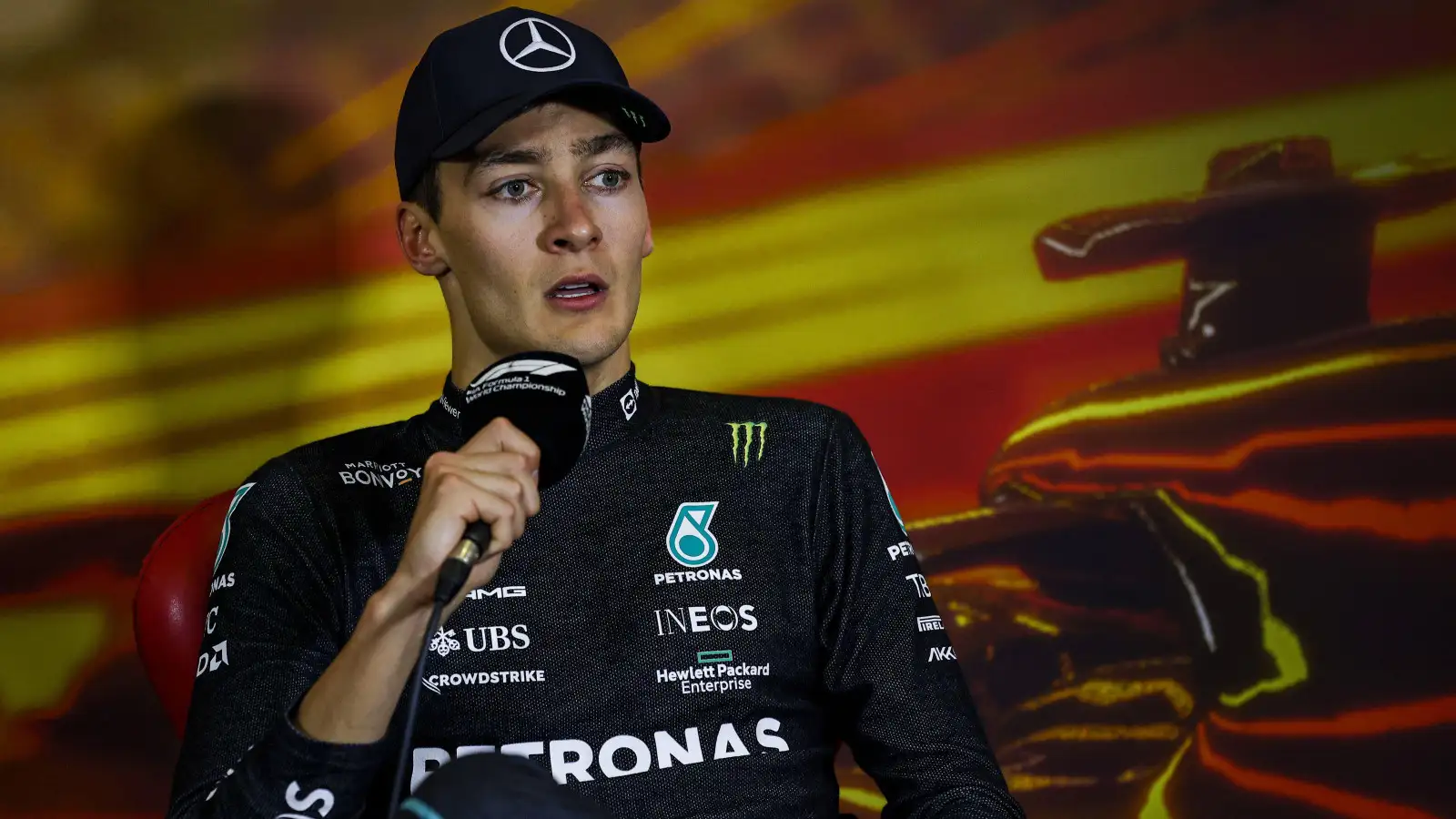 Mercedes' George Russell addresses the media over the Spanish Grand Prix weekend. Barcelona, May 2022.