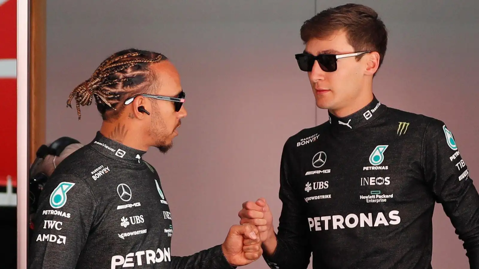Lewis Hamilton and George Russell together. Barcelona, May 2022.