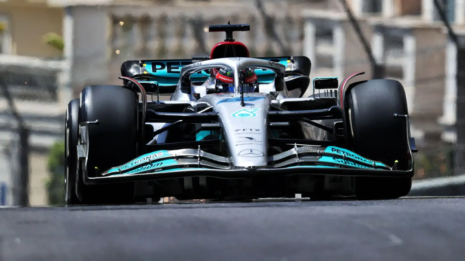 George Russell, Mercedes, in action. Monaco, May 2022.