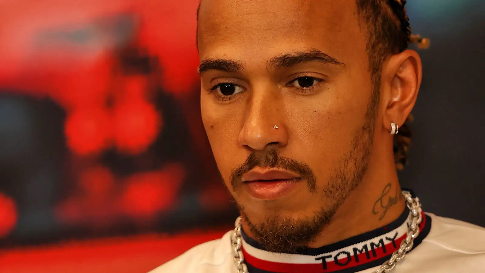 Lewis Hamilton looking serious in the press conference. Monaco May 2022