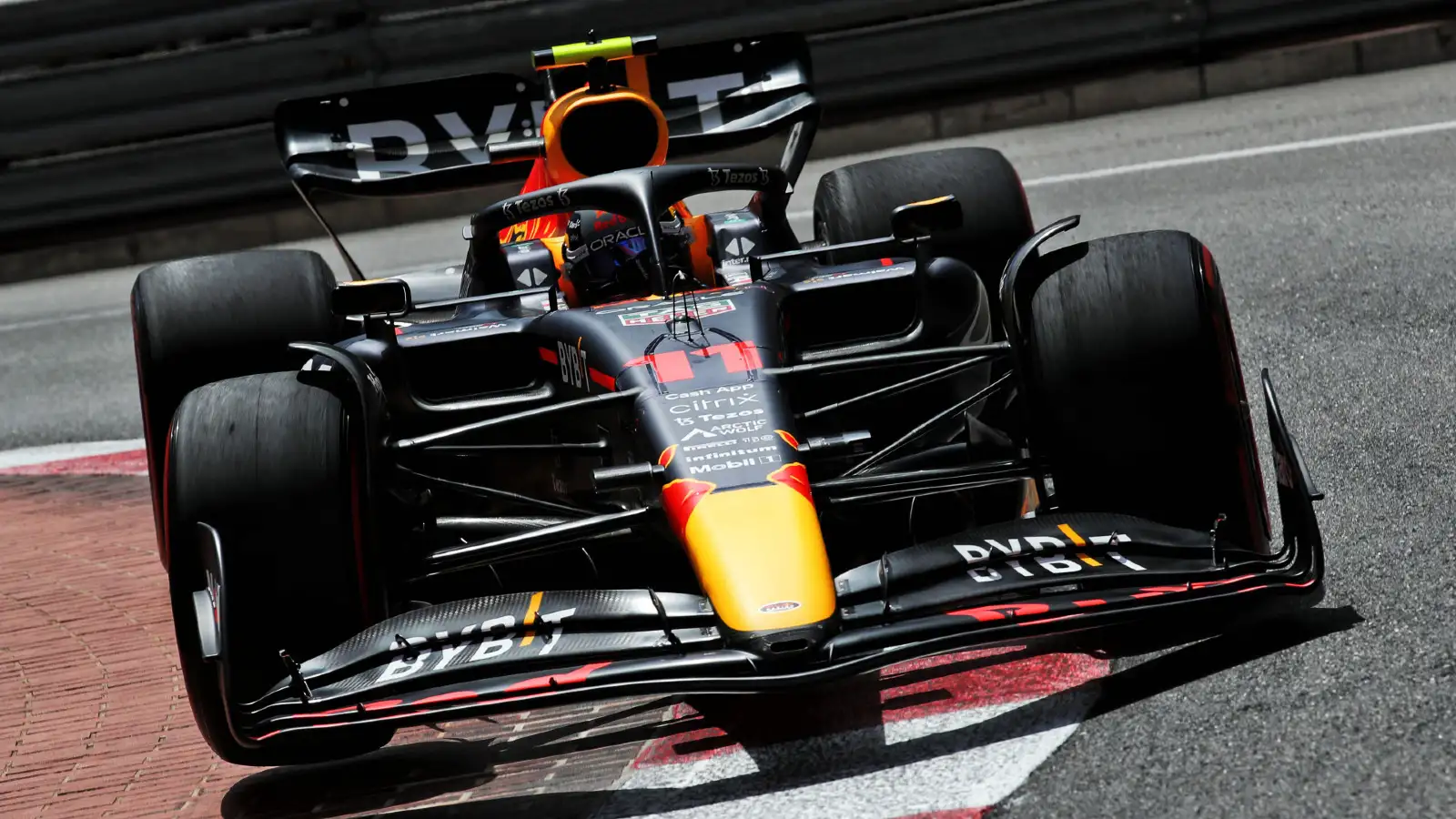 Red Bull's Sergio Perez on track during the Monaco Grand Prix weekend. Monte Carlo, May 2022.