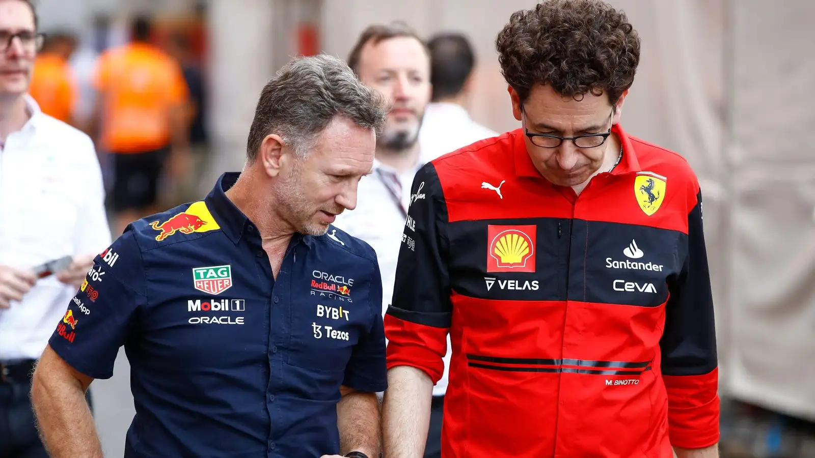 Christian Horner and Ferrari team principal Mattia Binotto speaking. Monaco, May 2022.