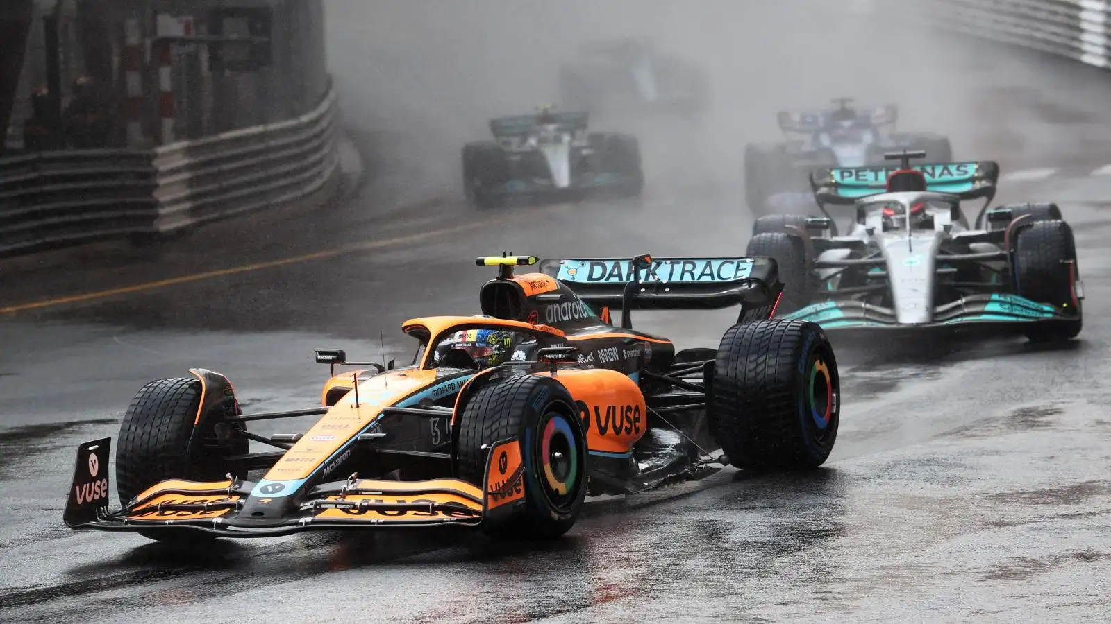 Lando Norris ahead of George Russell. Monaco, May 2022.