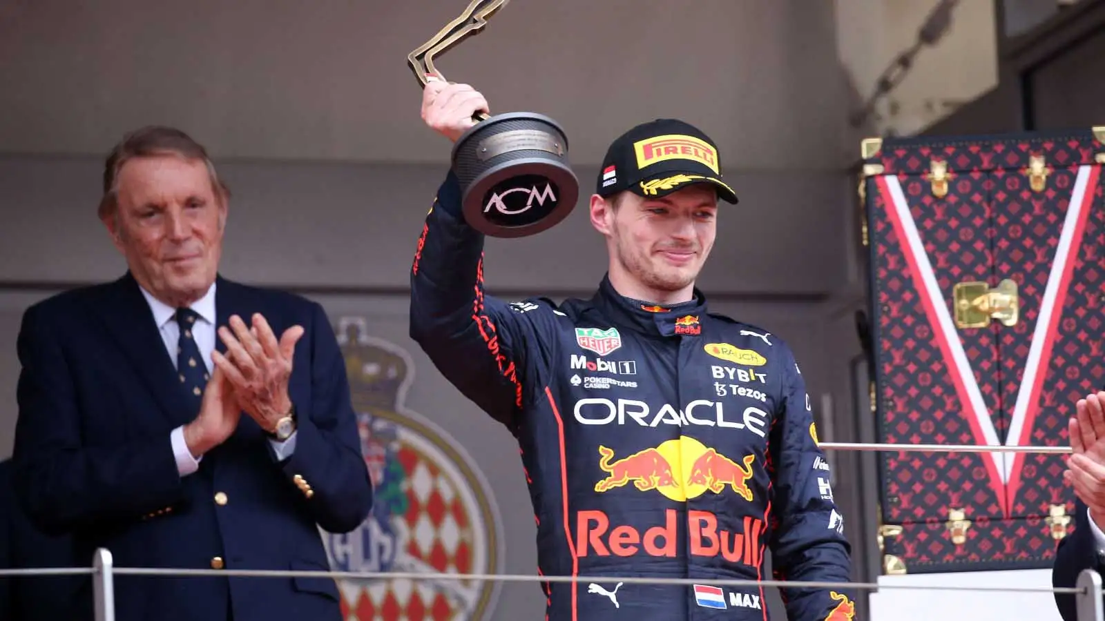 Max Verstappen lifts the P3 trophy. Monaco May 2022.