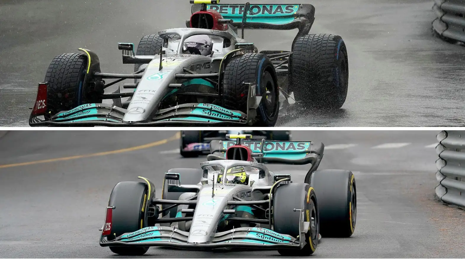 Mercedes' Lewis Hamilton drives with two different helmets at the Monaco Grand Prix. Monte Carlo, May 2022.