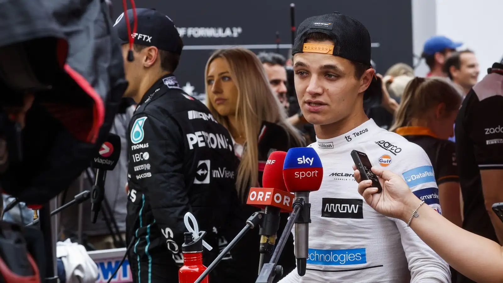 Lando Norris speaking to the media. Monaco, May 2022.