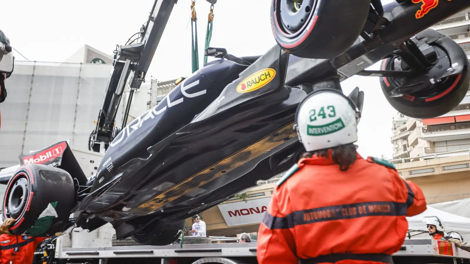 Sergio Perez crashed RB18 lifted by the marshals. Monaco May 2022