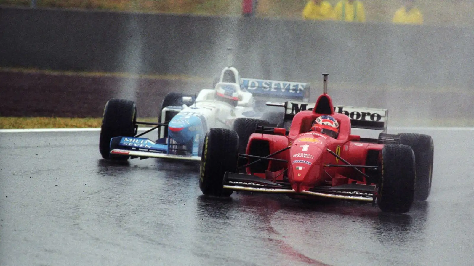 Michael Schumacher leads Jean Alesi at the 1996 Spanish Grand Prix.