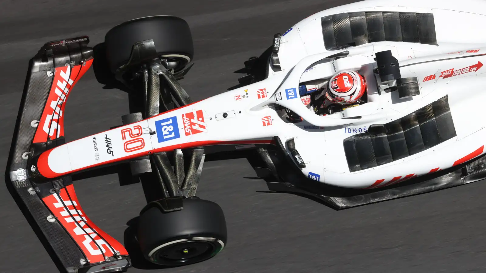An aerial photograph of Kevin Magnussen in the Haas VF-22. Monaco May 2022.