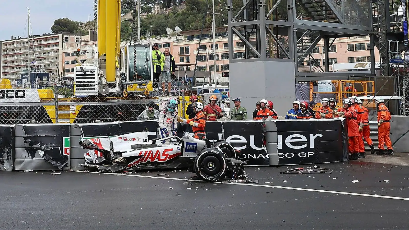 Mick Schumacher's broken Haas against the barrier. Monte Carlo May 2022.