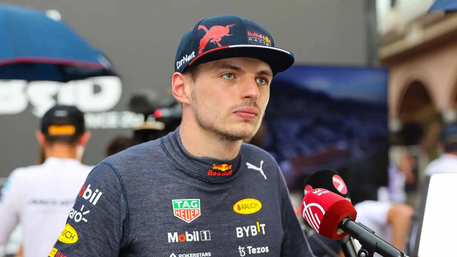 Max Verstappen speaks to the media. Monaco May 2022.