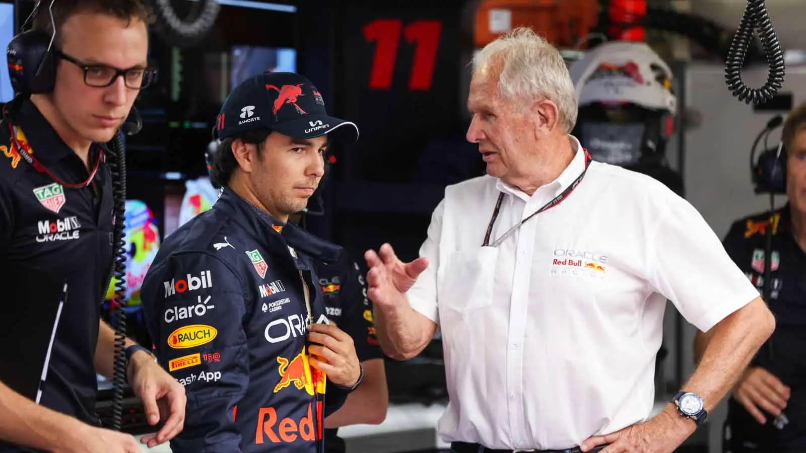 Sergio Perez and Helmut Marko speak. Monaco May 2022.