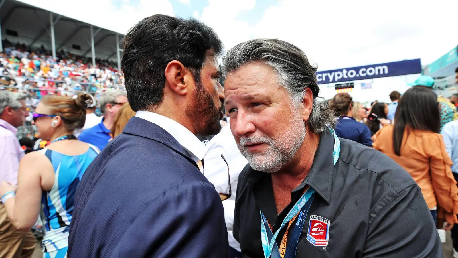 Michael Andretti listening to FIA president Mohammed Ben Sulayem. Miami May 2022.