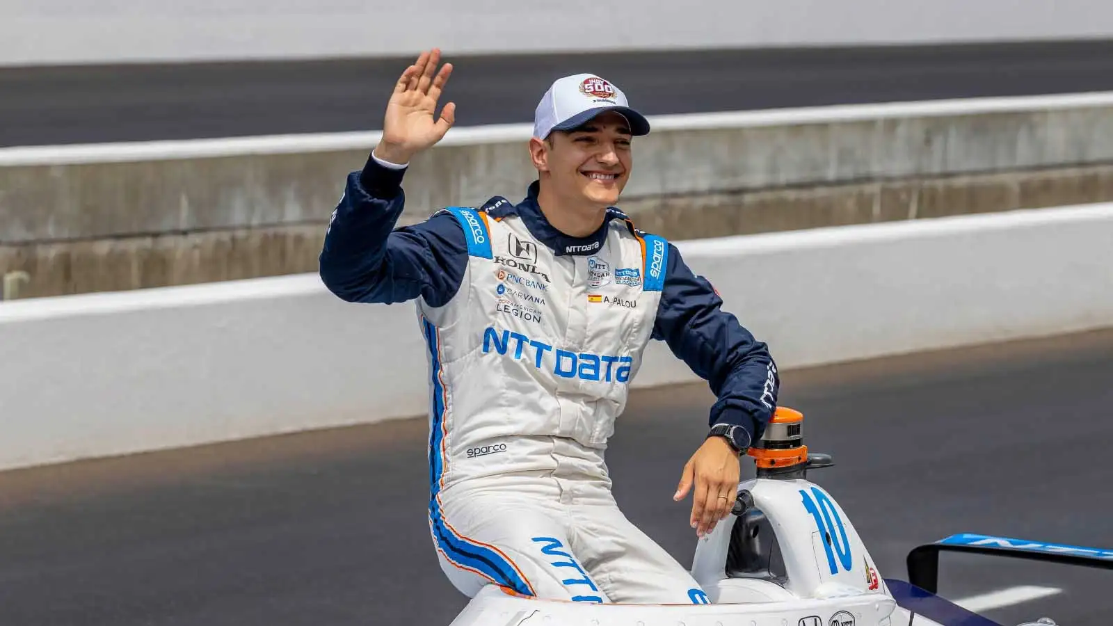 Alex Palou waves to the crowd. IndyCar Indy 500 May 2022.