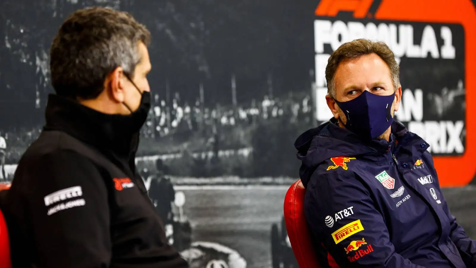 Christian Horner and Guenther Steiner during a press conference. Spa-Francorchamps August 2020.