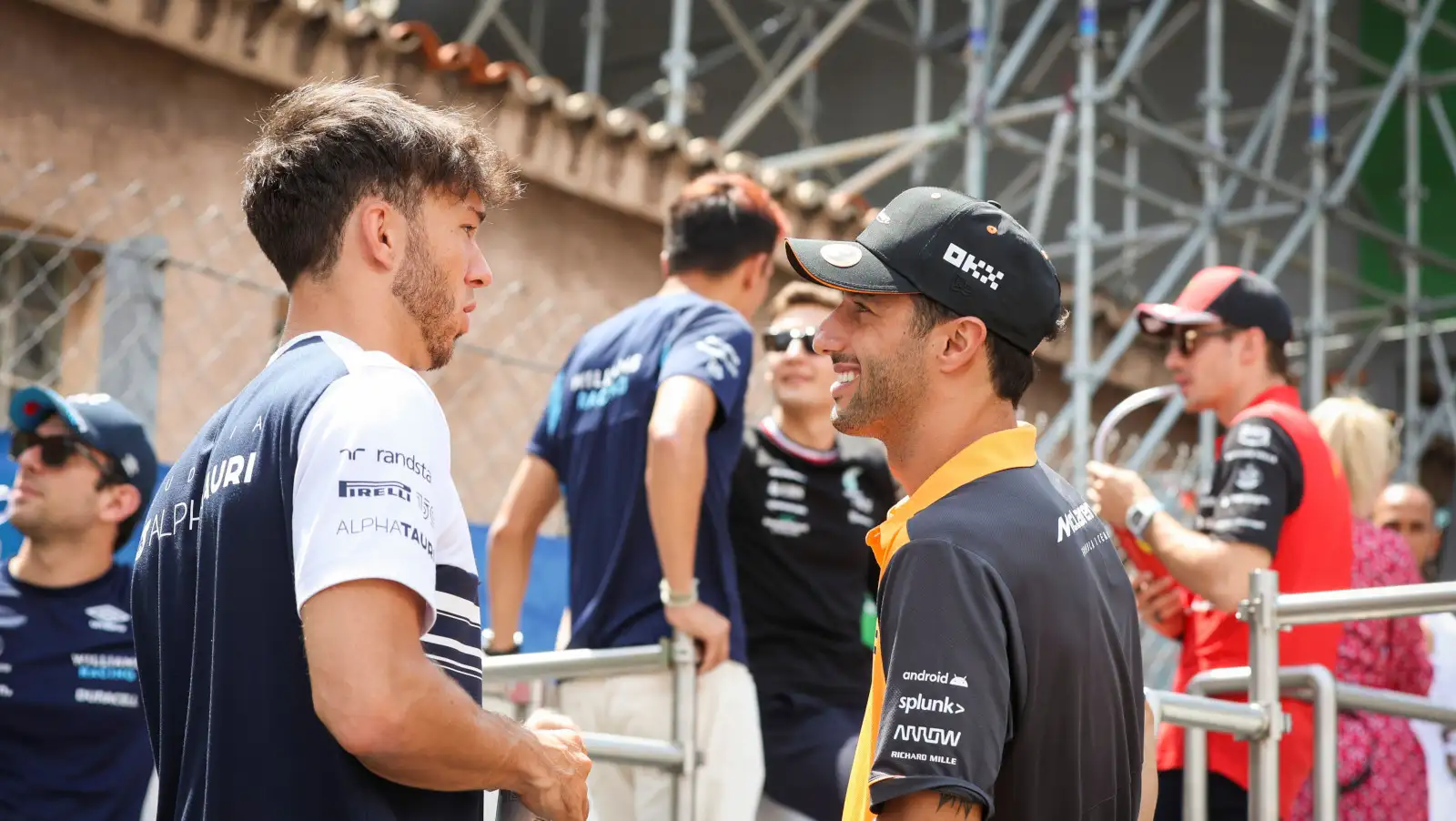 Pierre Gasly speaking to Daniel Ricciardo during the driver parade. Monaco May 2022