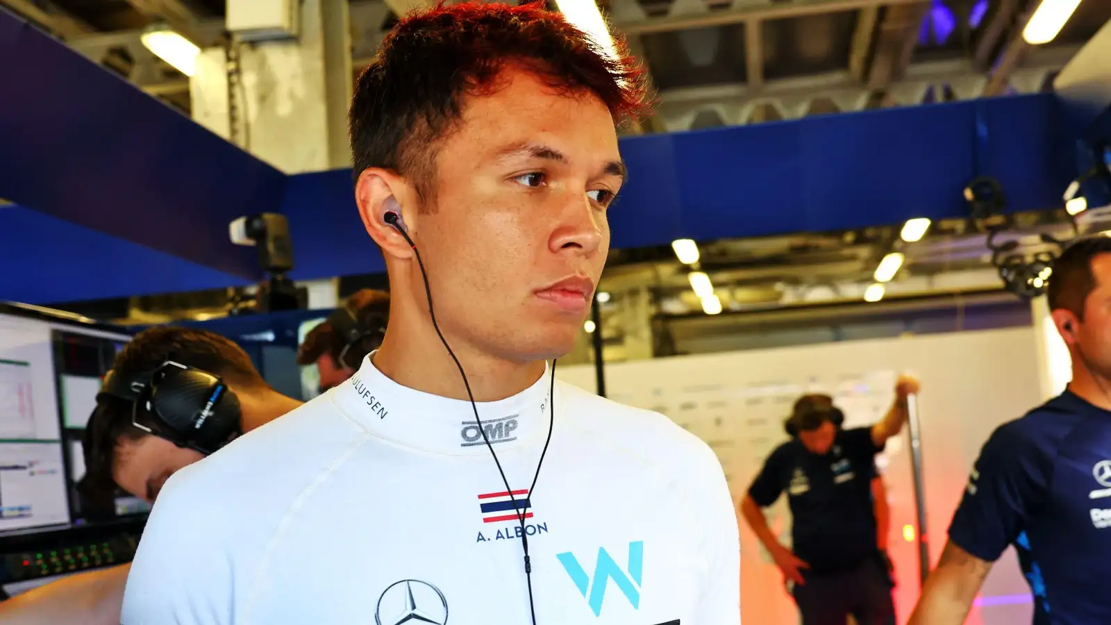 Alex Albon, Williams, looks serious. Azerbaijan, June 2022.