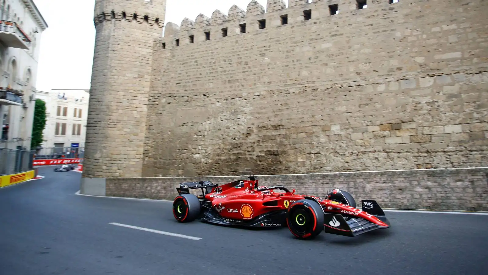Charles Leclerc's Ferrari passes the castle in Azerbaijan. Baku June 2022.