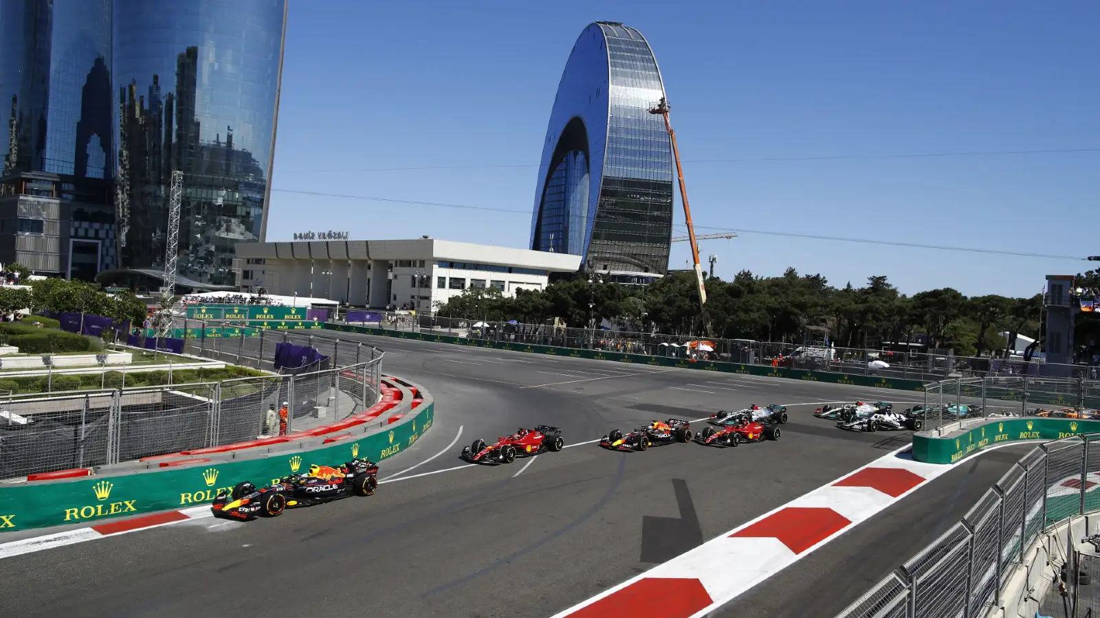 Red Bull's Sergio Perez leads on Lap 1 of the Azerbaijan Grand Prix. Results
