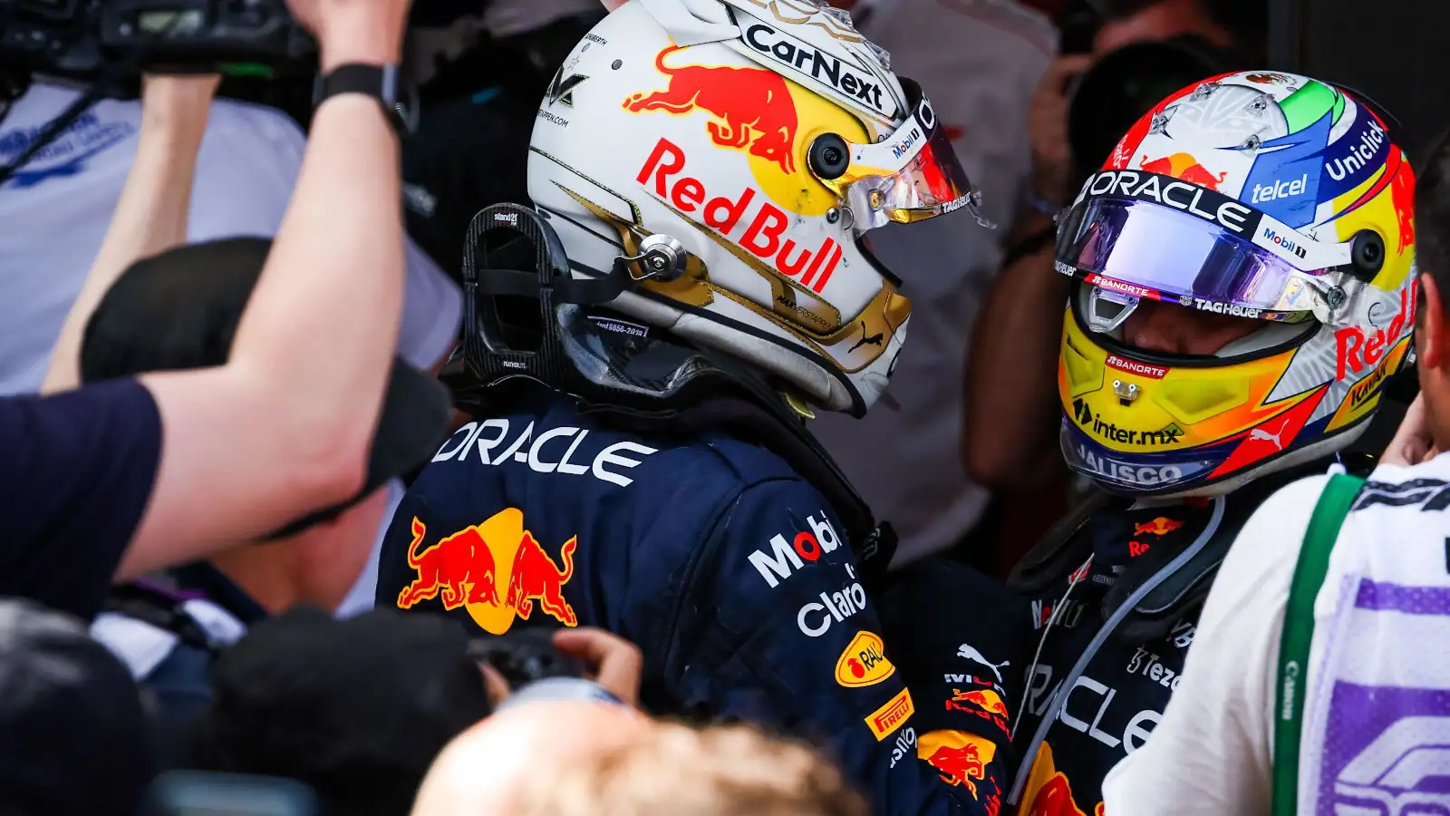 Max Verstappen and Sergio Perez hugs after the race. Spain May 2022