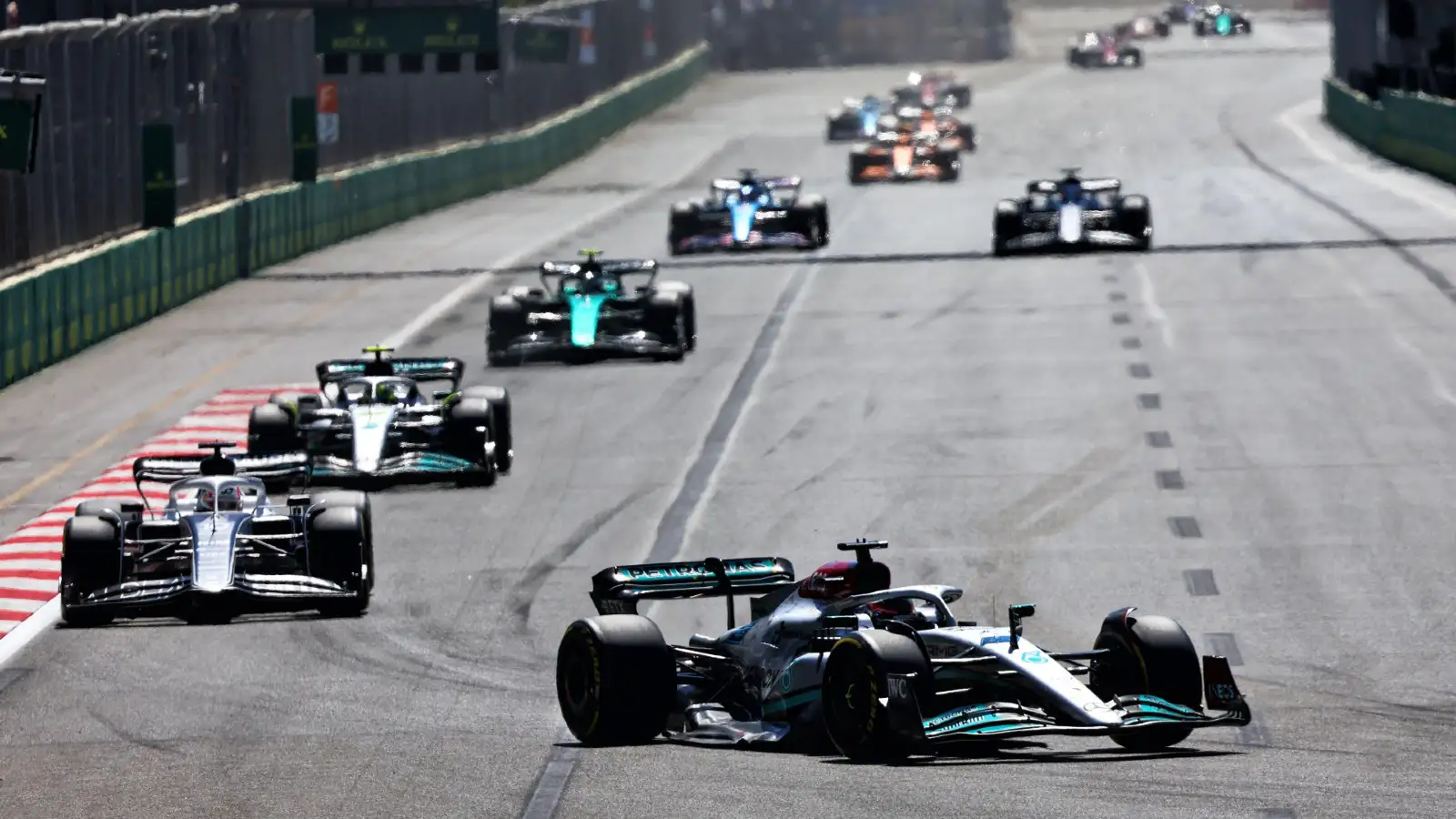 Mercedes' George Russell leads the midfield at the Azerbaijan Grand Prix. Baku, June 2022.