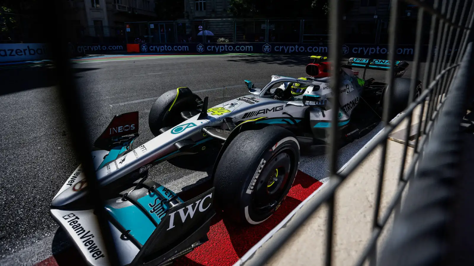 Mercedes' Lewis Hamilton on track during the Azerbaijan Grand Prix. Baku, June 2022.