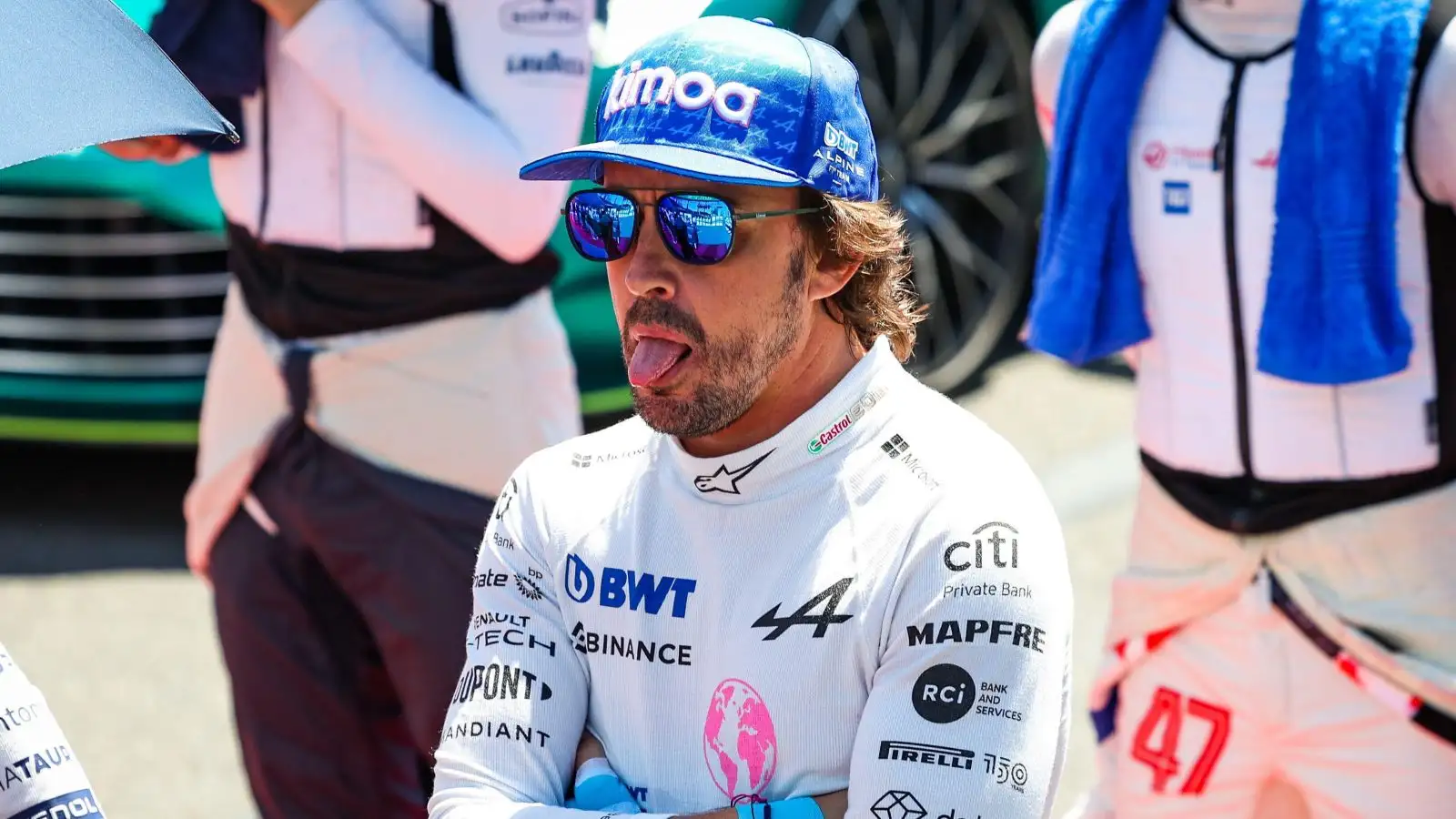 Fernando Alonso sticks his tongue out. Baku, June 2022.