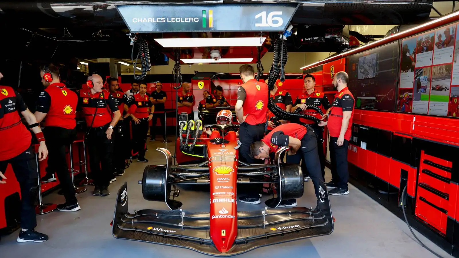 Charles Leclerc's car in the Ferrari garage. Baku June 2022.