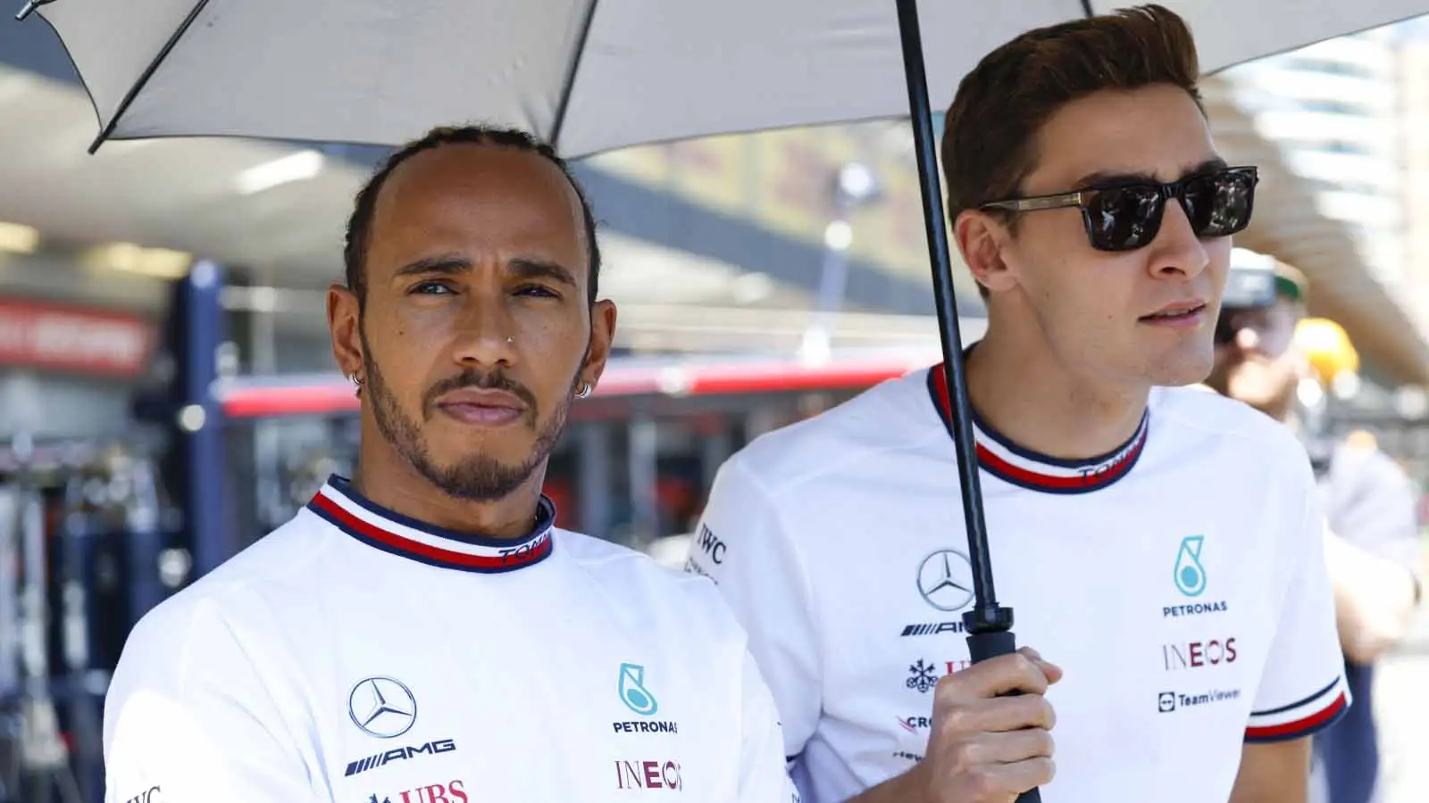 Mercedes team-mates Lewis Hamilton and George Russell. Formula 1 Baku June 2022.