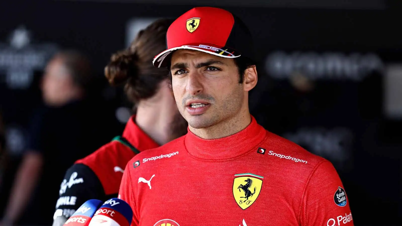 Ferrari driver Carlos Sainz is interviewed. Baku June 2022.