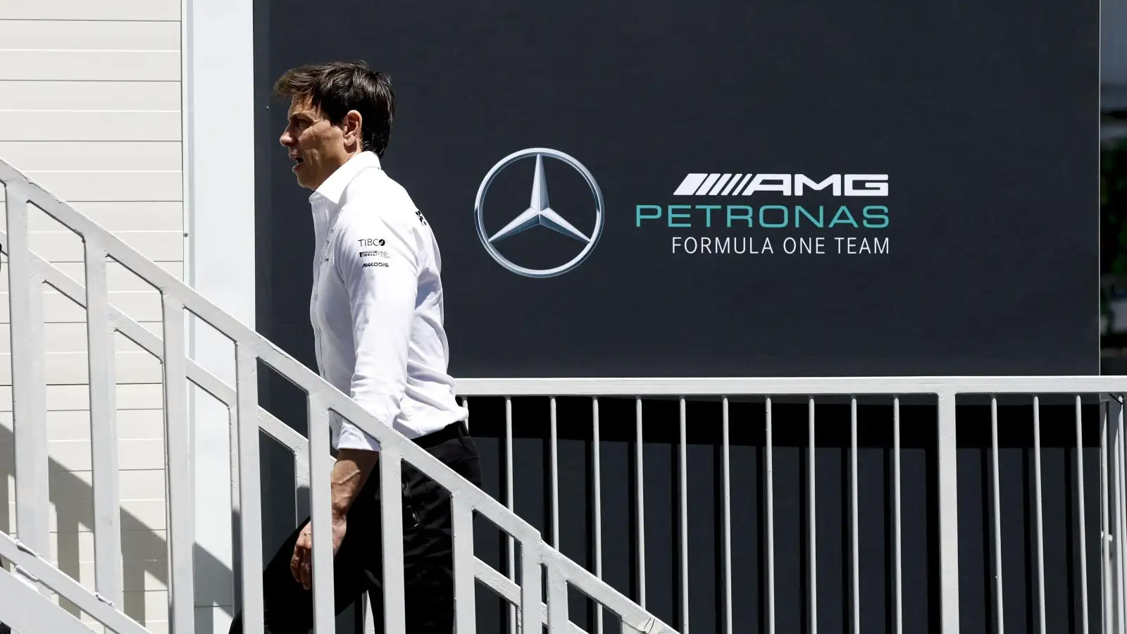 Toto Wolff, Mercedes, walks up the stairs. Canada, June 2022.