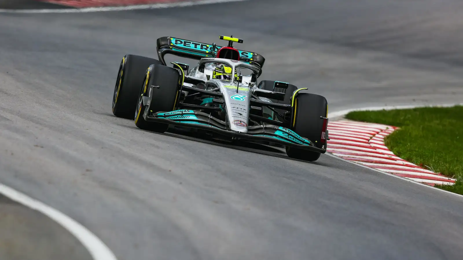 Lewis Hamilton putting in a lap at the Circuit Gilles Villeneuve. Montreal June 2022