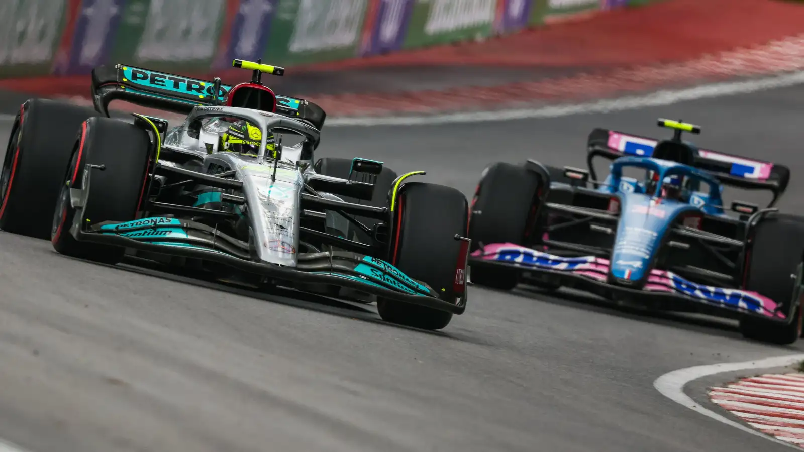 Lewis Hamilton on track with Fernando Alonso. Montreal June 2022
