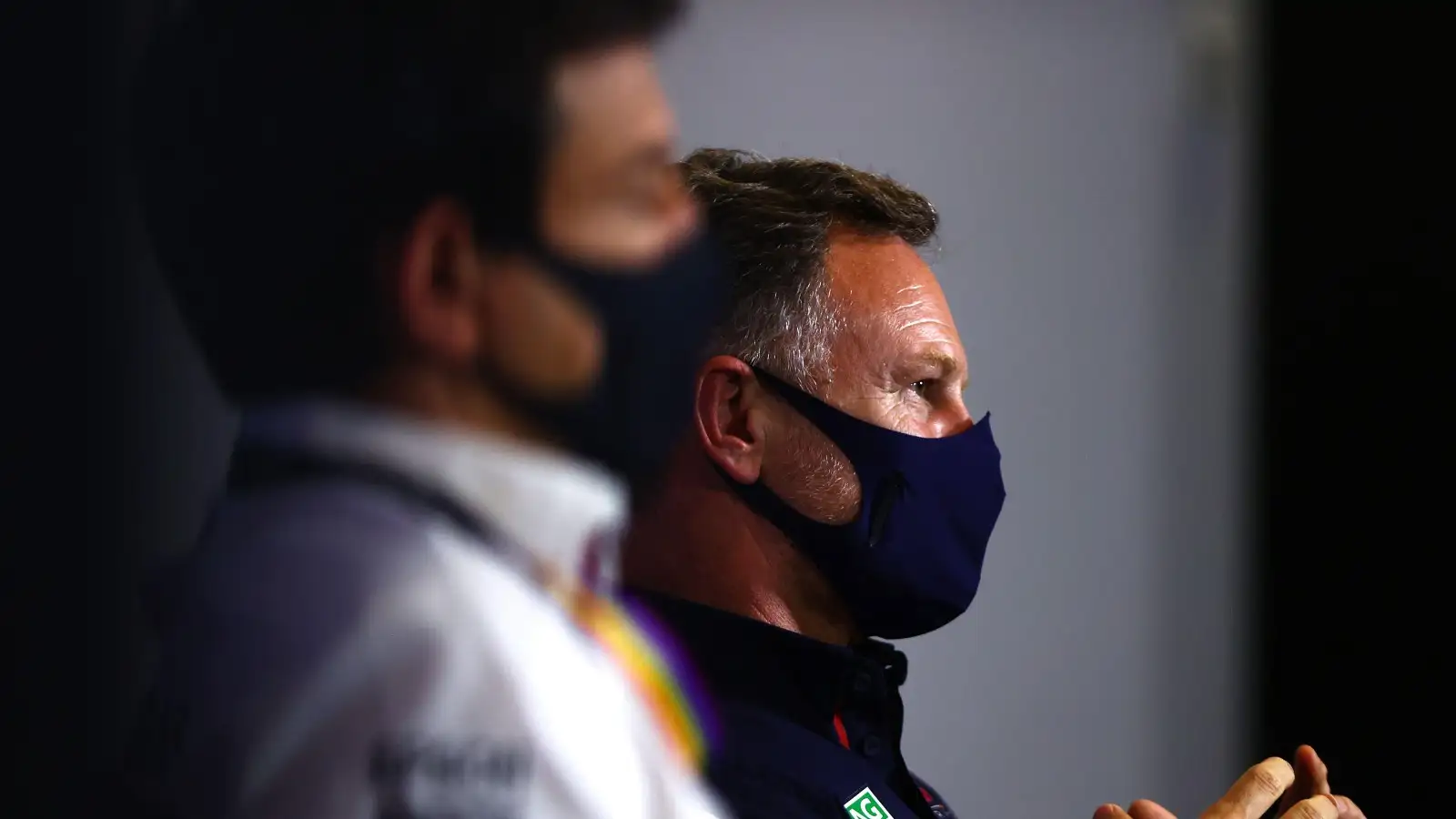 Toto Wolff, Mercedes, and Christian Horner, Red Bull, talk to media. England, July 2021.