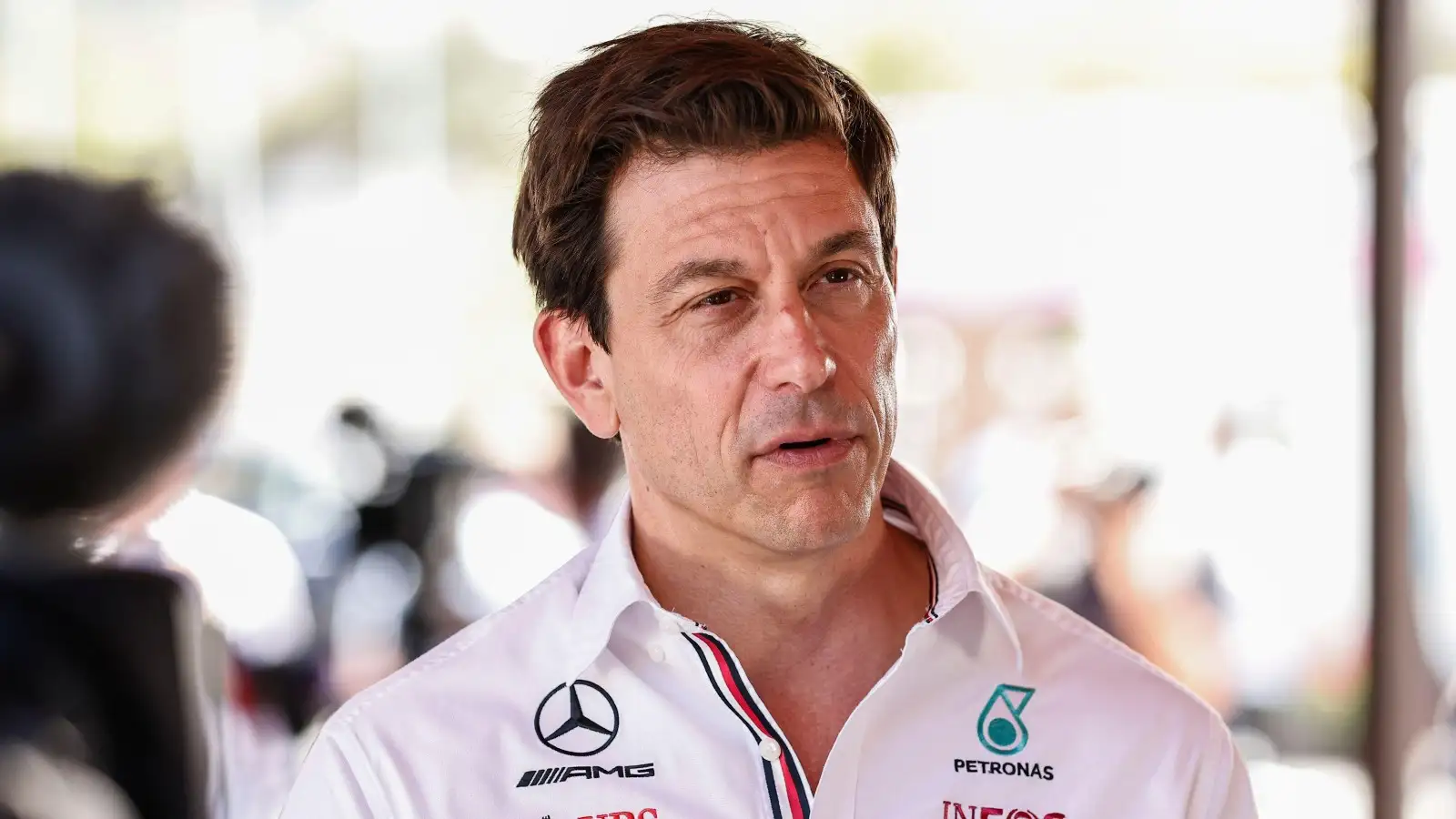 Toto Wolff speaking in the media pen. Baku, June 2022.