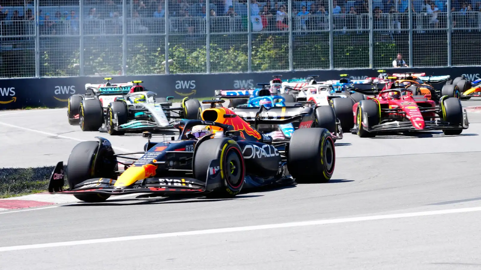 Red Bull's Max Verstappen leads the field at the Canadian Grand Prix. Montreal, June 2022.