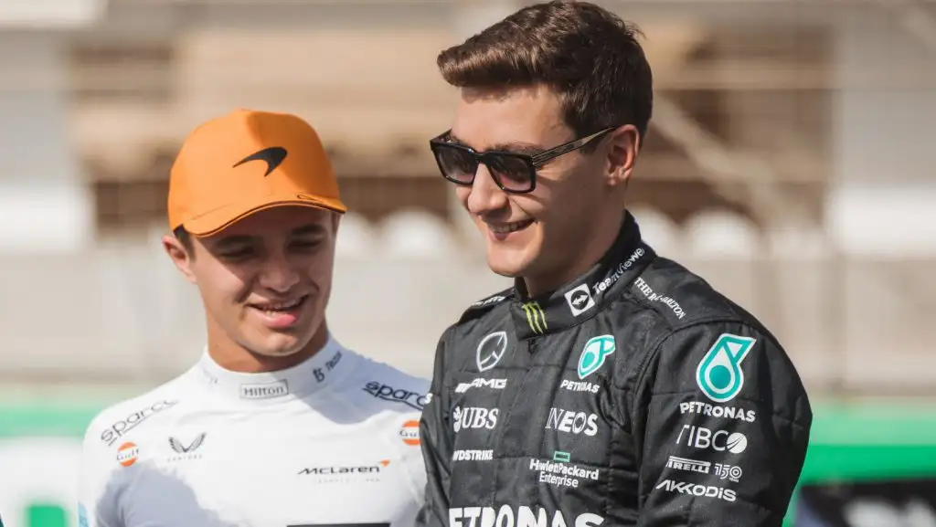 George Russell and Lando Norris having a laugh. Bahrain March 2022