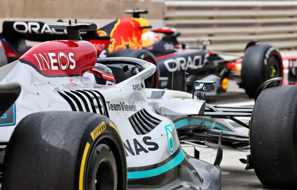 Mercedes lines up behind a Red Bull. Bahrain March 2022